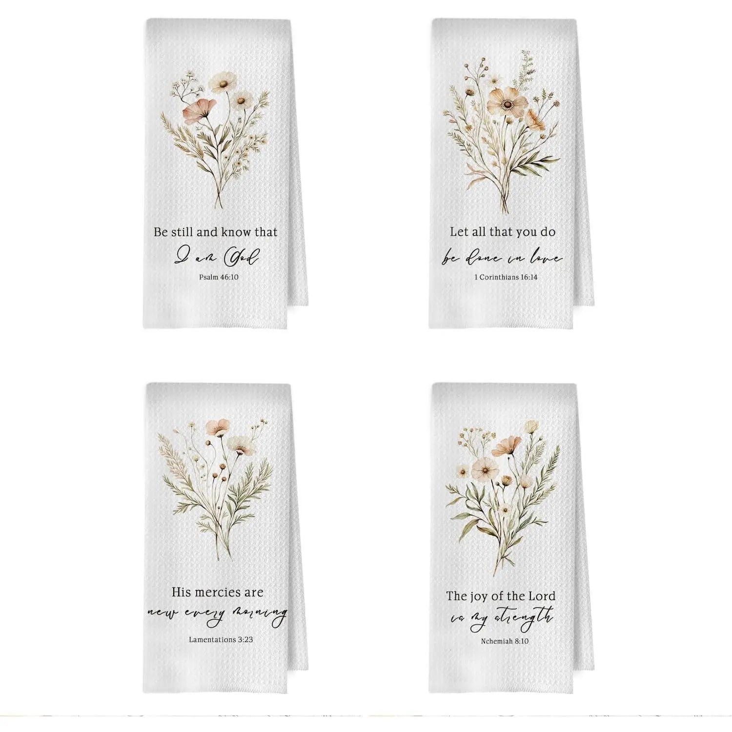 Floral Christian Scripture Print Waffle Weave Towel Set - 16x24 in Verse Decorative Linens, 4-Piece Set for Dishes, Hands