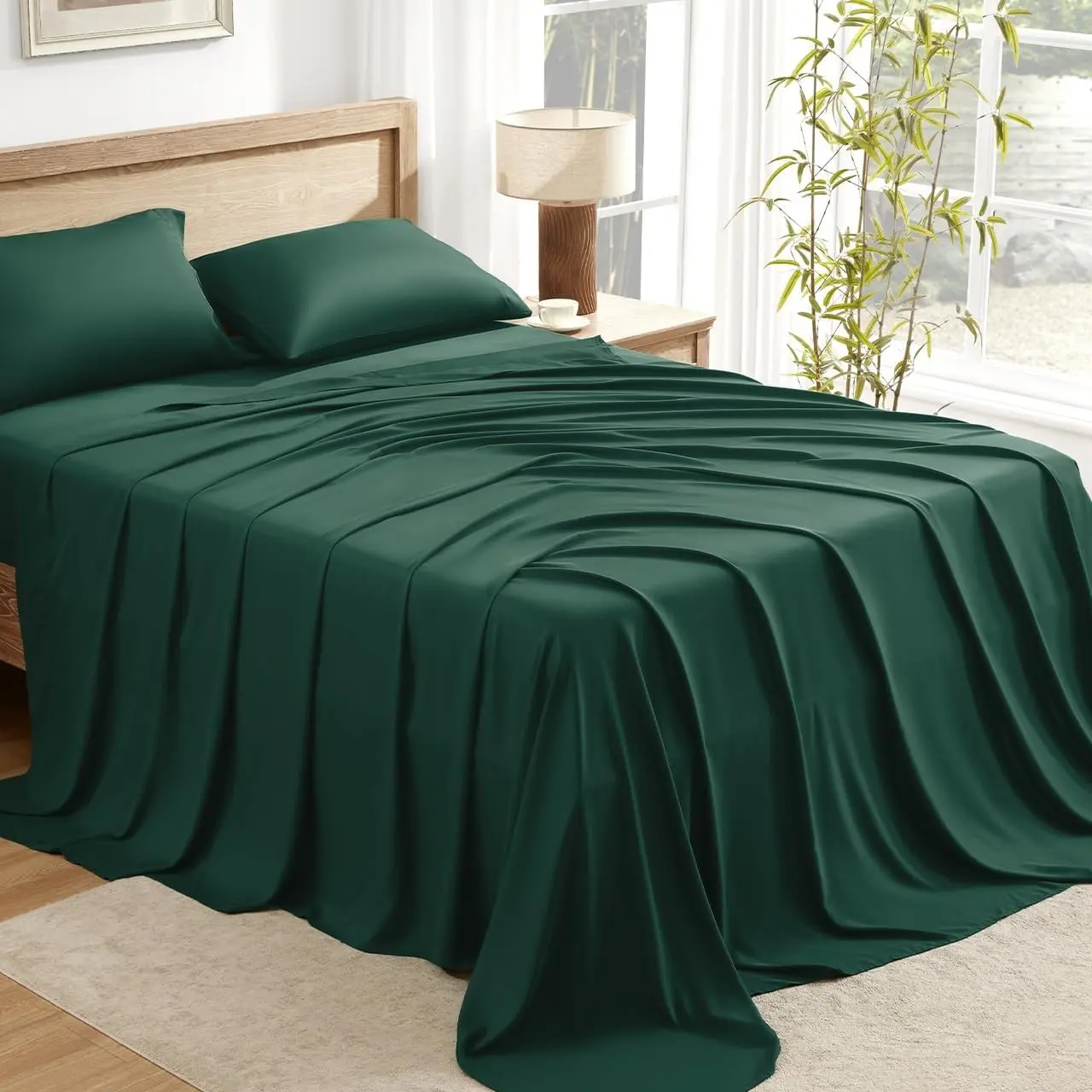 King Size Sheets Set, 100% Viscose Derived from Bamboo, Cooling Summer King Sheets, Deep Pocket Up to 16", Silky Soft Bed Sheets, Hotel Bedding Sheets & Pillowcases, Dark Emerald Green