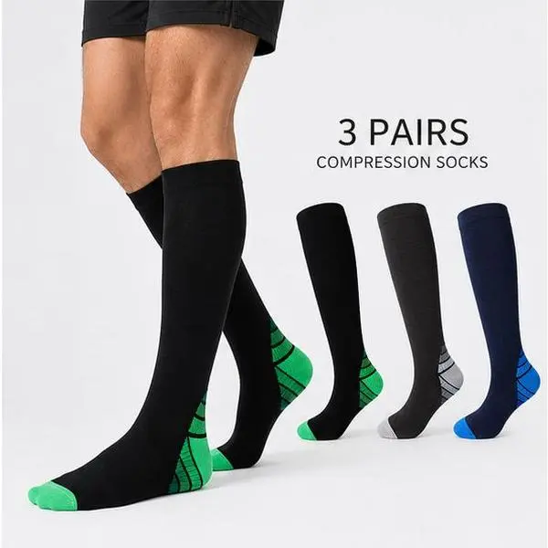 3 Pairs Compression Socks for Men Women, Knee High Bamboo Athletic Socks, Breathable Support Socks for Running Cycling Nurses Travel, Non-Slip Long Sports Socks with Arch Support