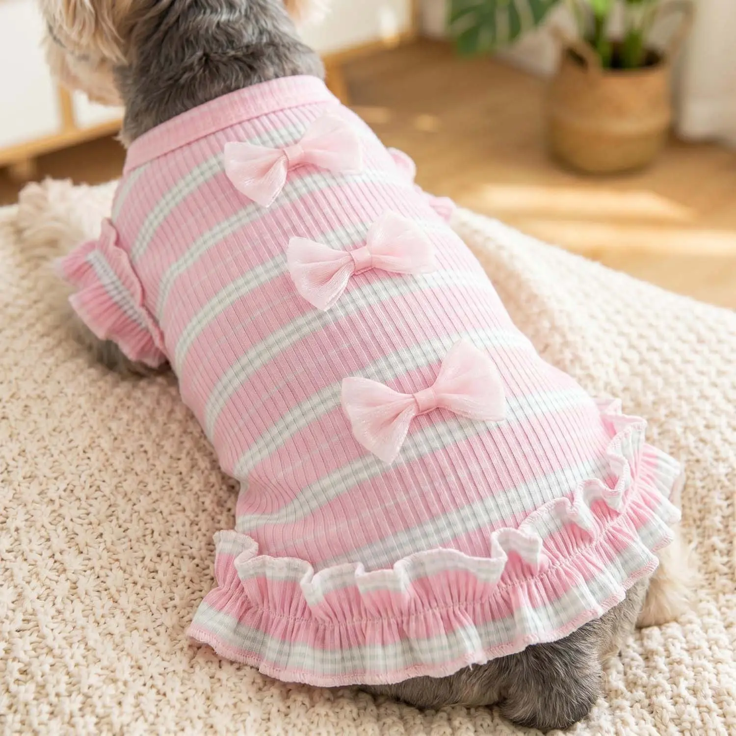 3D Mesh Bow Striped Dog Suit Embellished with Bow Decoration - Cute Pet Suit with Ruffled Hem, Suitable for Small and Medium-sized Dogs, Puppy Clothes