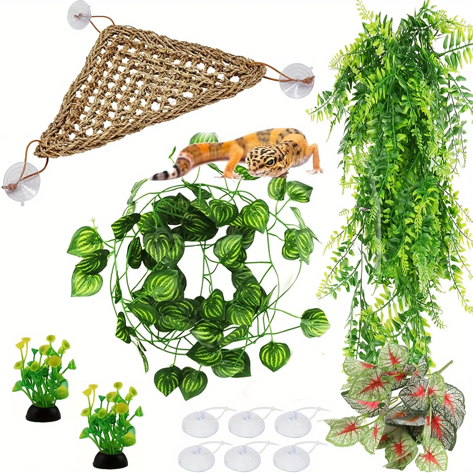 12 Pieces Beard Dragon Tank Accessories, Reptile Hammock Plants, Vine Glass Containers, Tree Branches, Plant Habitat Decoration