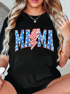 Women's Patriotic Mama Checkered Lightning Bolt Oversized Short-Sleeve T-Shirt - 4th of July Retro Vintage, Casual Streetwear, Round Neck, Comfortable Fit Graphic Tee, Shortsleeve, Tshirt