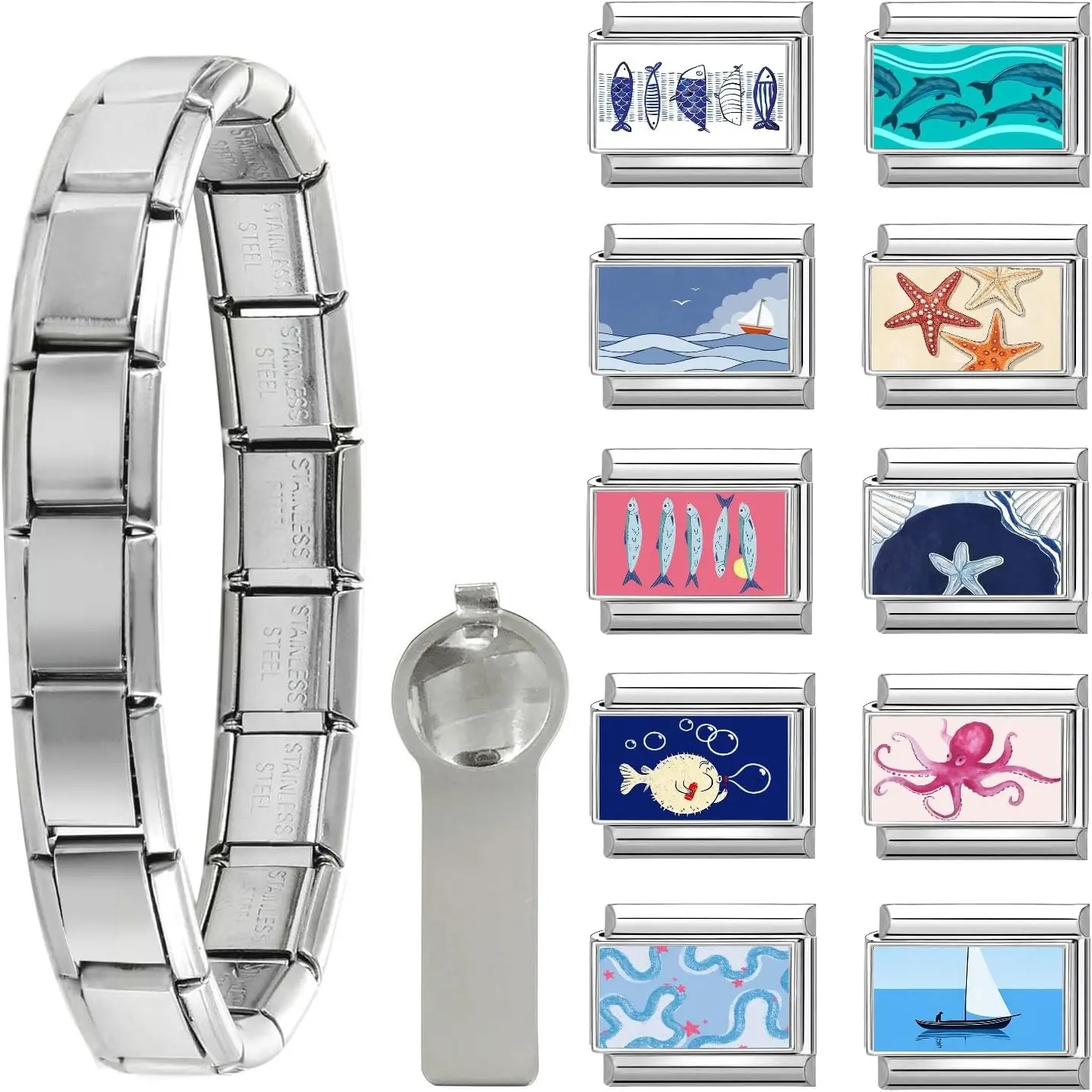 Italian  Bracelet Charms   Set with 1 count Starter Brascelet, 10 count  Italian Charms for Bracelets and 1 count Opening Tool, 9mm Modular Italian  Bulk Pack Links  DIY