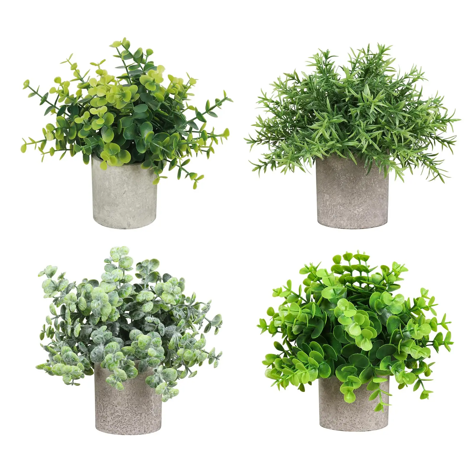 4PC Artificial Potted Plants for Home Decor – Eucalyptus, Rosemary, Frosted Sage, Greenery – Faux Greenery with PE Leaves, Paper Pulp Pots & Flocked Moss