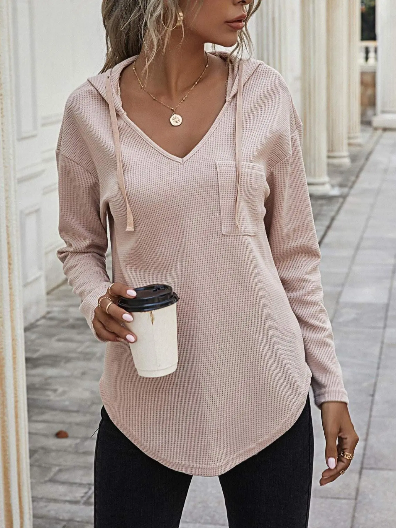 Women Waffle Knit V Neck Drawstring Hoodie, Pocket Curved Hem Loose Long Sleeve Top