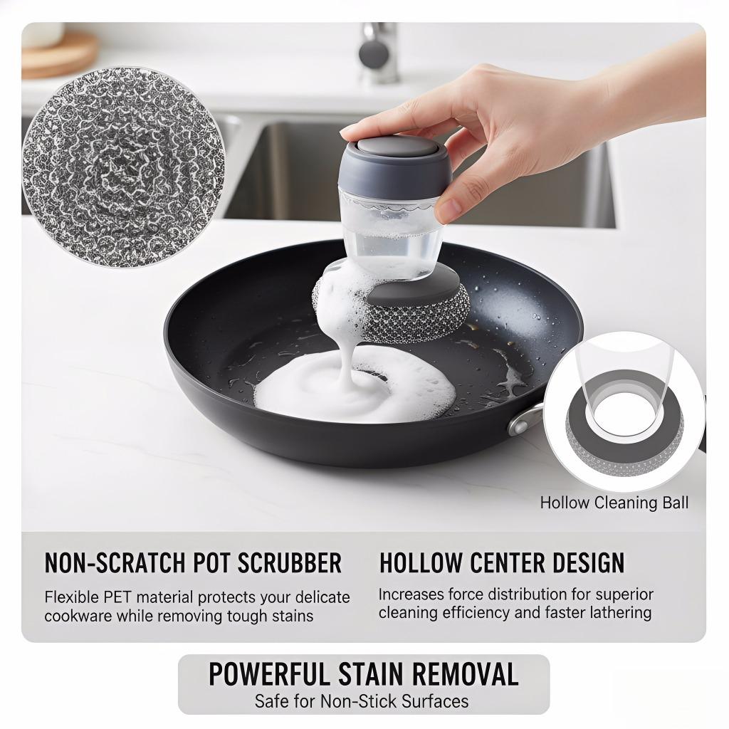 Automatic Liquid Adding Dish Brush, Non-Scratch Pot Scrubber for Camping BBQ, Outdoor Kitchen Cleaning Tool for Hiking, Backpacking & Picnic, Press-Type Dishwashing Brush for Campsite Cookware