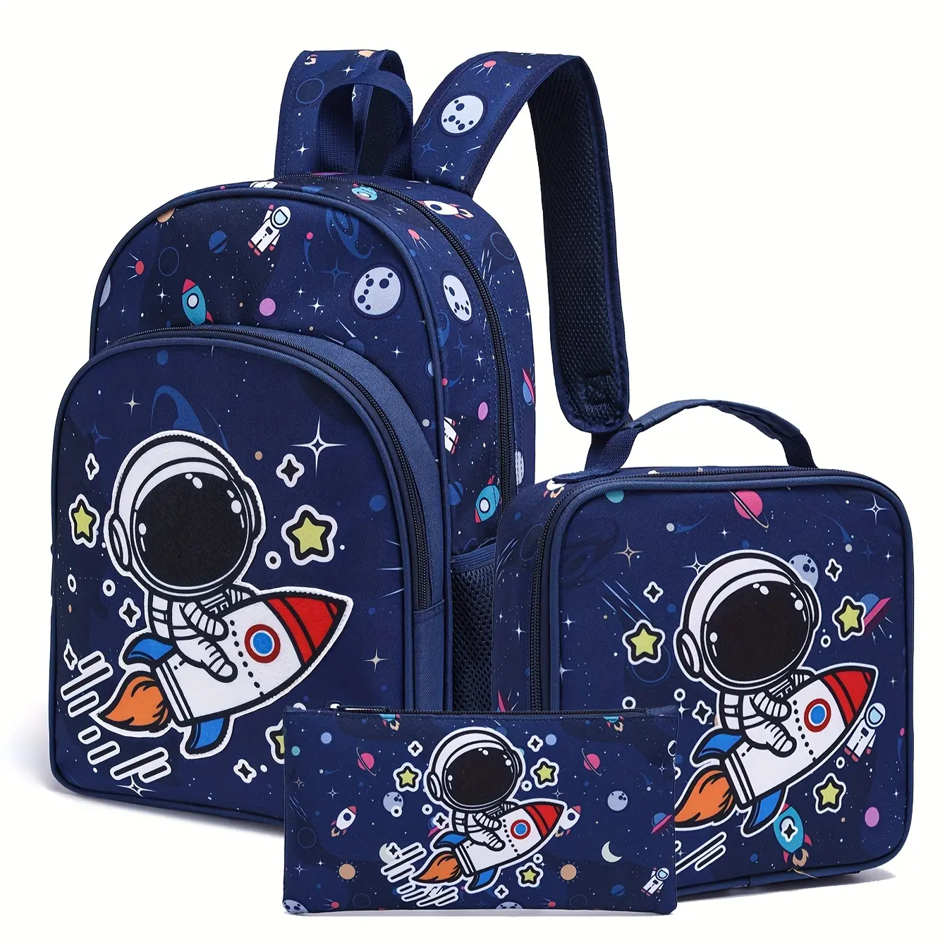 3-Piece Astronaut Print Backpack Set, Lightweight & Durable Polyester, Includes Shoulder Bag, Lunch Box & Pencil Case, Unisex Neutral Look, Lightweight Set, Unisex Fit, Pattern Backpack Set, School Backpack Set