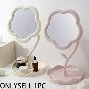 Flower-Shaped Dressing Table Hanging Makeup Mirror, Adjustable Vanity Mirror, Decorative, Adjustable Rotation, Battery-Free, Polished Plastic Frame, Storage Tray, Bedroom, Students, Travel, Decoration