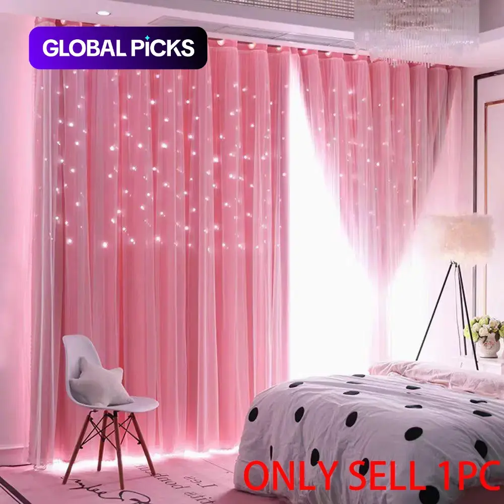 Cute Princess-Style Hollow-Star Window Curtain, 1 Count Plain-Color Drapes for Living Room, Bedroom & Study, Adorable Design Home Decorative Curtain #GLOBAL PICKS