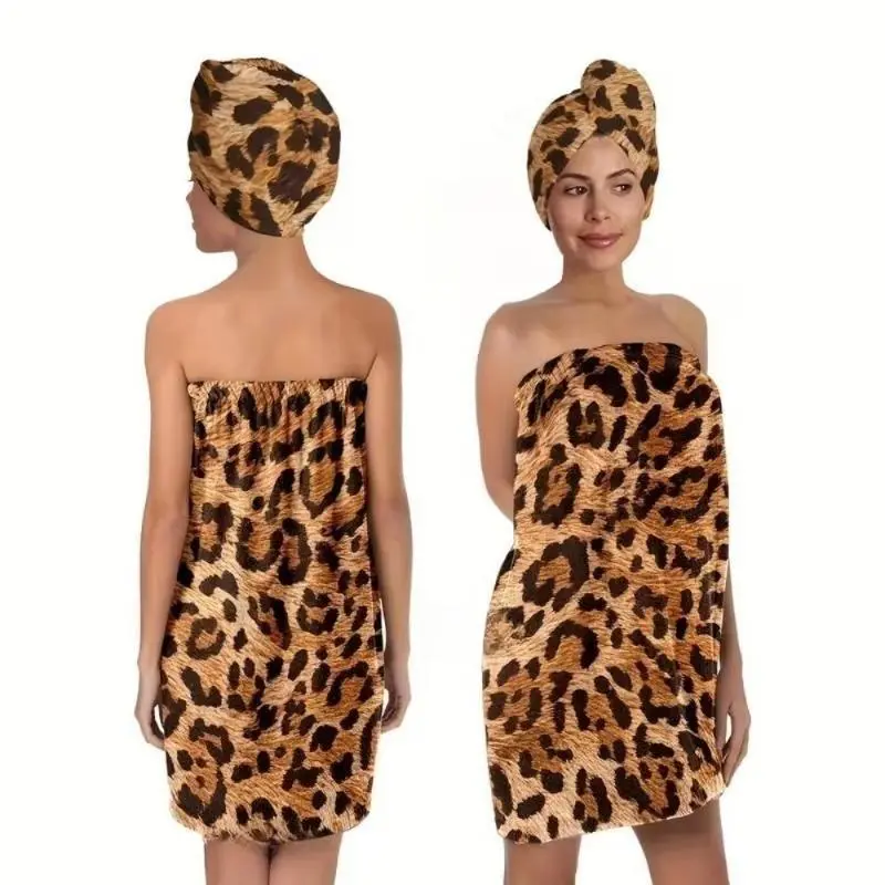 Leopard Print Flannel Bath Wrap & Cap Set - 2-Piece Quick-Dry, Super Absorbent, Lightweight Breathable Flannel, Elastic Sleeveless Wrap for Home, Spa, Hotel, Travel Loungewear