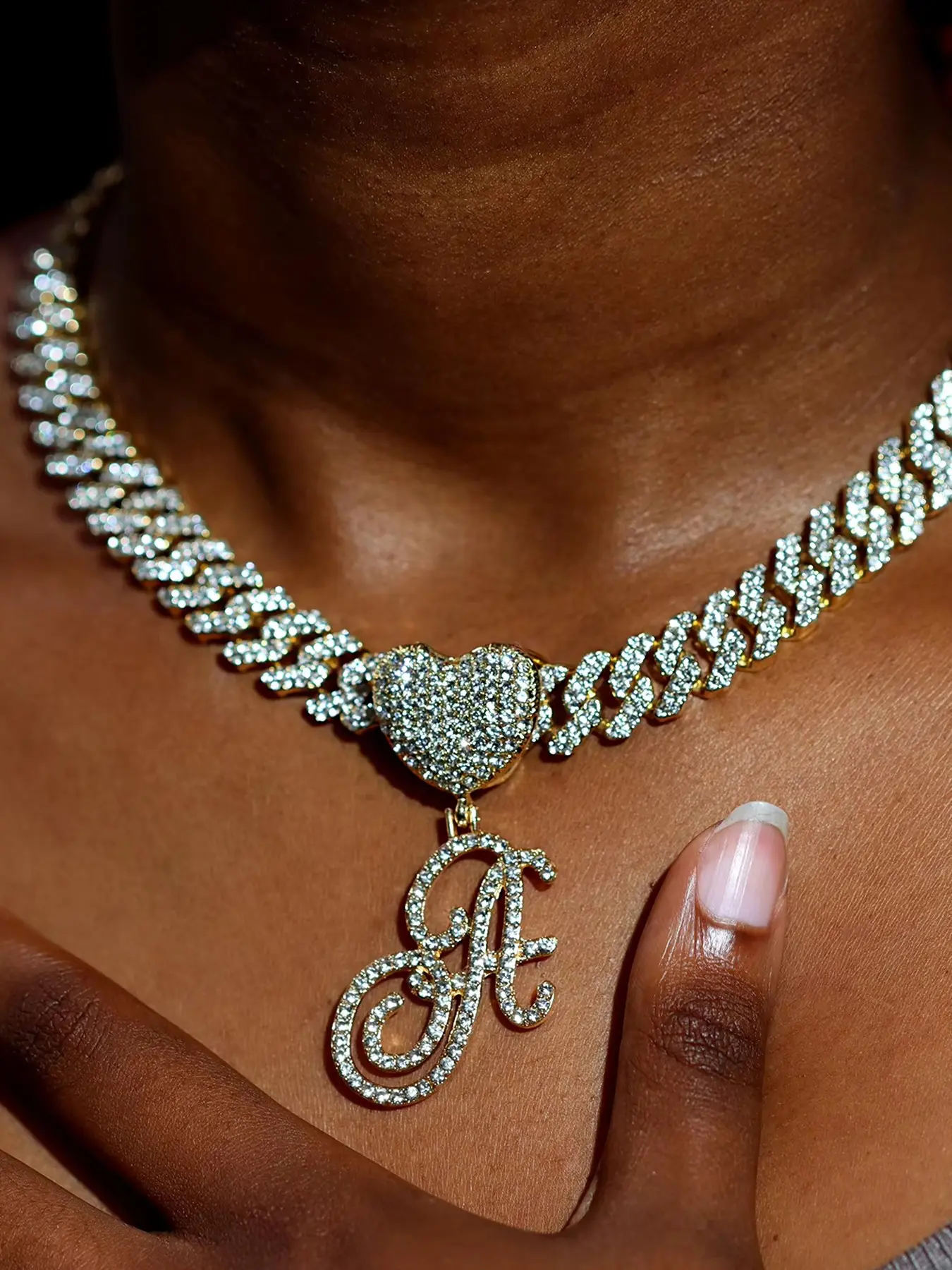 Silver A-Z italic initial Alphabet Necklace, Initial pendant necklaces, Rhinestone Crystal Necklace, crystal letter & heart pendant with 13mm CZ cubic chain, hip-hop women jewelry, handwritten letter design, Valentine's Day & daily gift for girls
