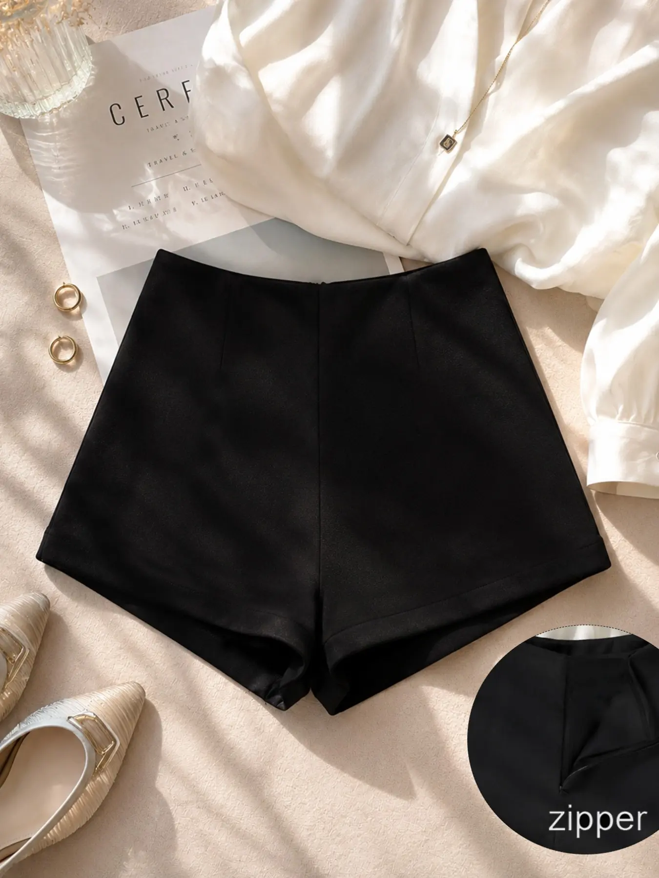 High-Waisted Suit Shorts, French Commuter Style, A-Line Slim Fit, Casual Office Wear, Versatile Basic for Daily Use, Everyday Bottom
