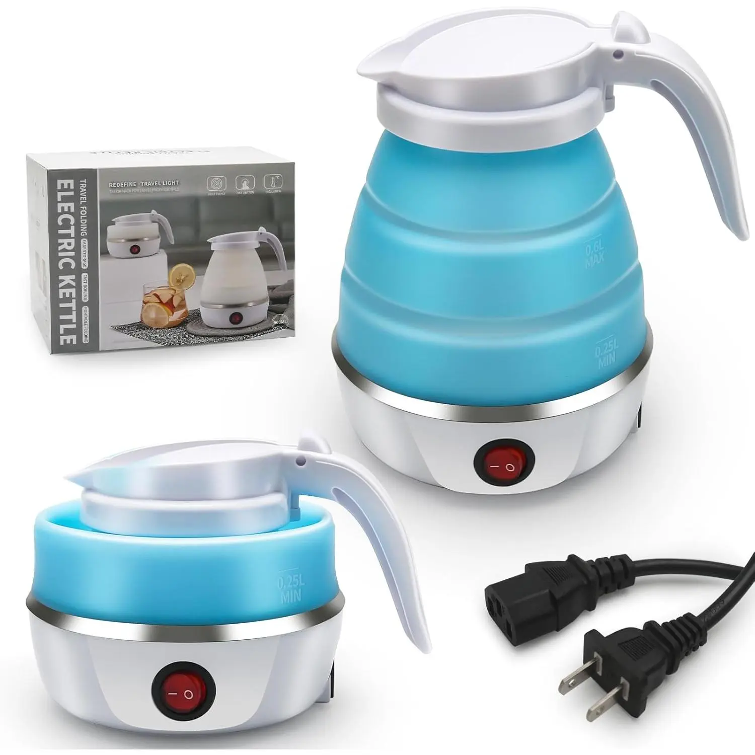 Blue Pro Small Foldable Silicone Collapsible Electric Travel Kettle - Portable Heating Water Boiler Tea Pot for Camping, Easy Storage, Separable Power Cord for Travelers