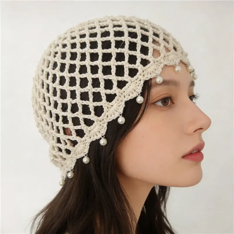 Unisex Crochet Mesh Beanie Hat with Pearl Fringe - Hollow Out Knitted Cap, Coquette Mermaidcore Boho Festival Vintage Headpiece Hair Accessory (Sports & Outdoor Hat)