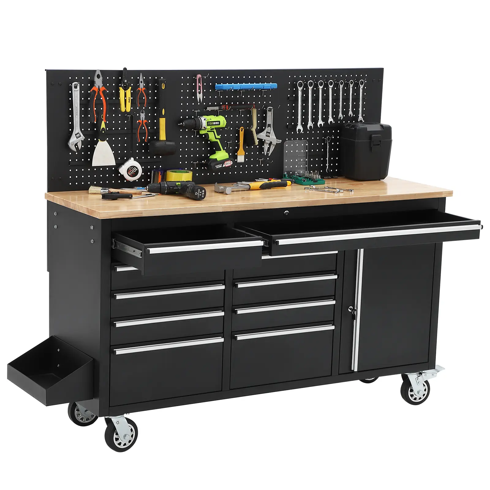 61-Inch Rolling Tool Chest, Tool Cabinet with 10 Drawers, Garage Workbench Storage, Power Strip Included, Solid Rubberwood Top, Supports 1675 LBS, Heavy-Duty Rolling Workstation