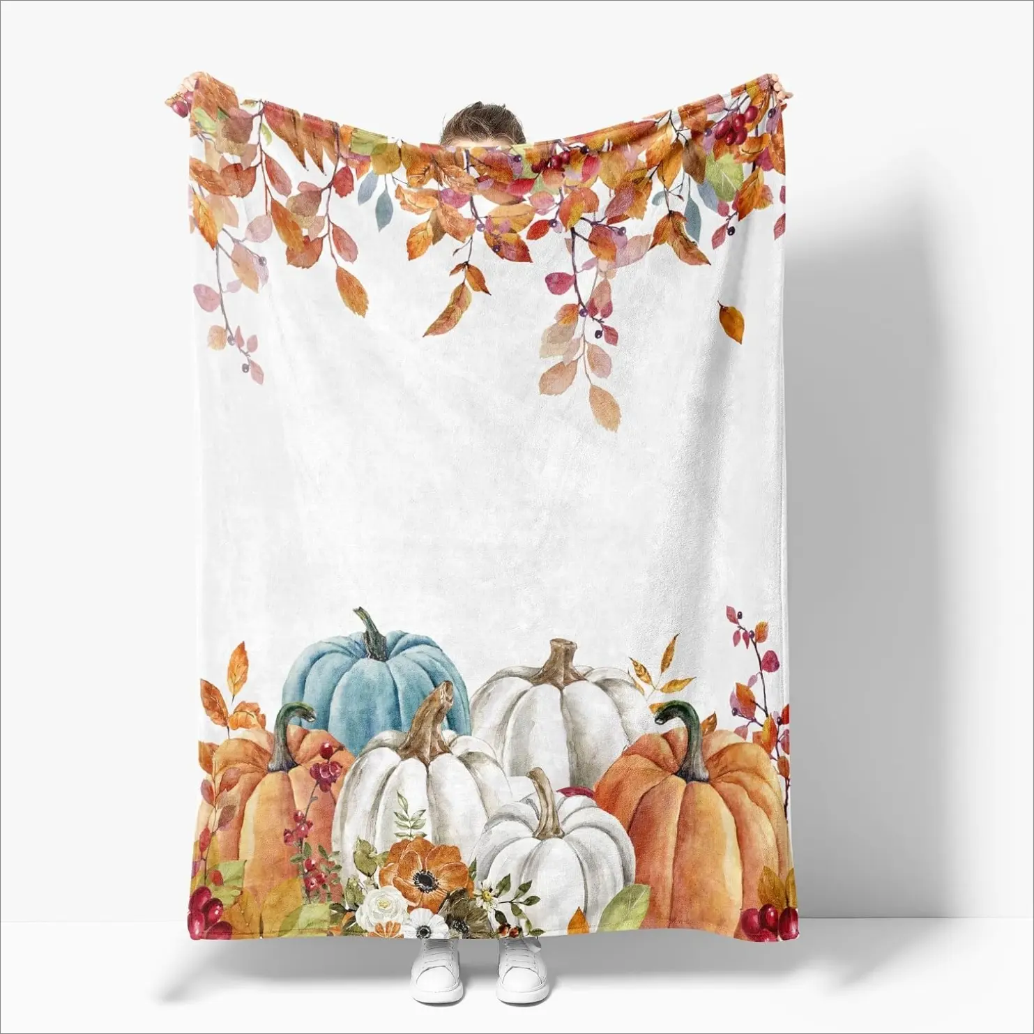 1PC Watercolor Pumpkin Flannel Blanket, Soft Fall Throw Blanket with Blue White Pumpkin Autumn Leaves Design, Cozy Farmhouse Blanket for Couch Sofa Bed