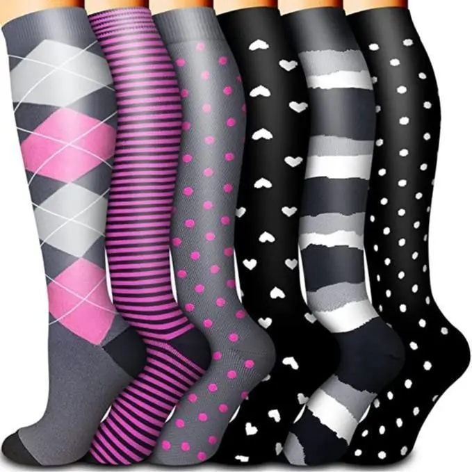 6 Pairs Printed Compression Socks for Women, Breathable Knee-High Graduated Support for Swelling & Fatigue, All Seasons Wear, Graduated Pressure, Printed Patterns, Elastic, Gradient, Lightweight, Fits, Simple, Solid, Printed Styles, Us Sizes
