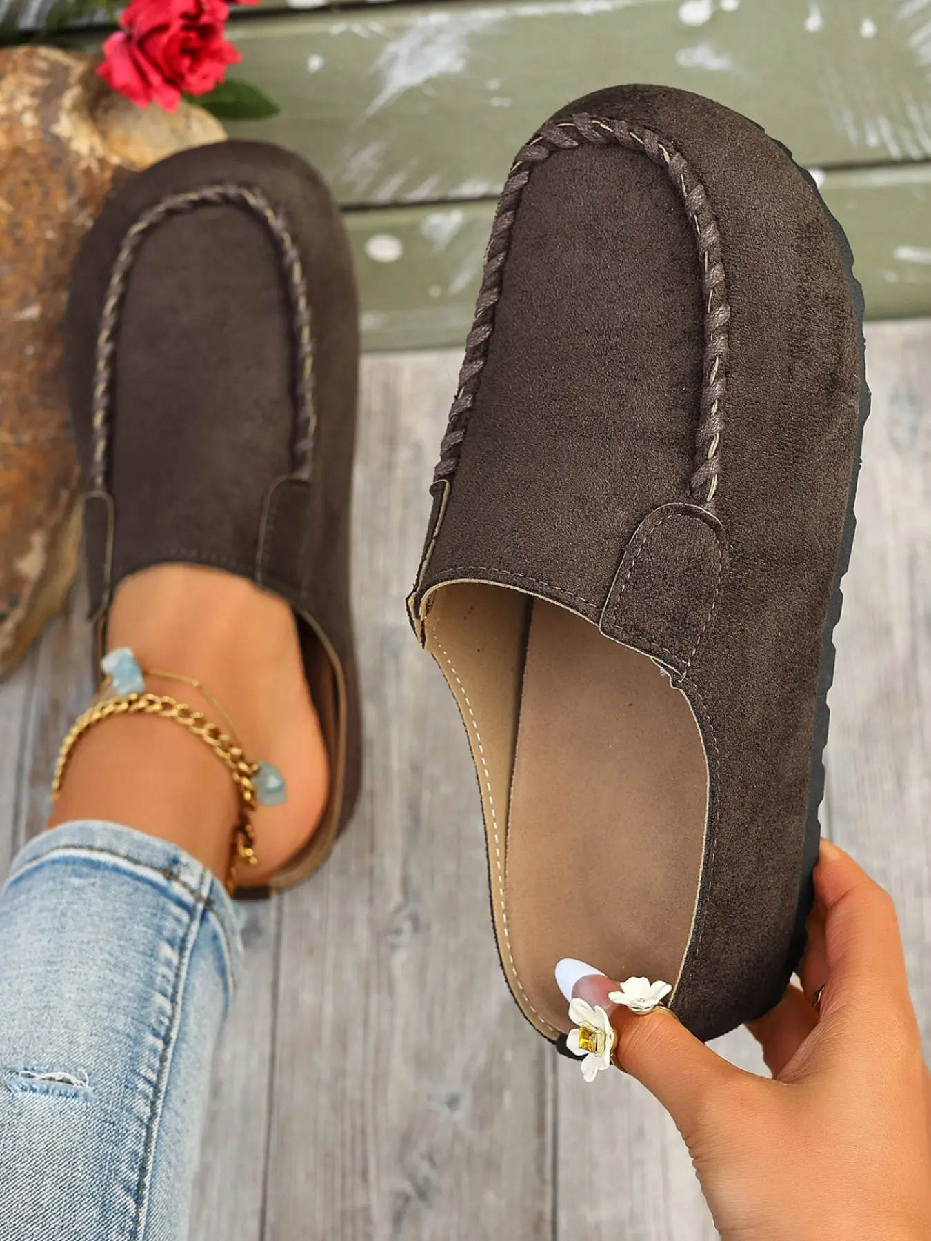 Women Faux Suede Closed Toe Braided Stitch Trim Backless Mule Clogs, Soft Cushioned Non-Slip Flat Sole, Daily Home Commute Outdoor Casual Footwear, 4 Colors Dark Brown Taupe Camel Leopard, Mule Flats