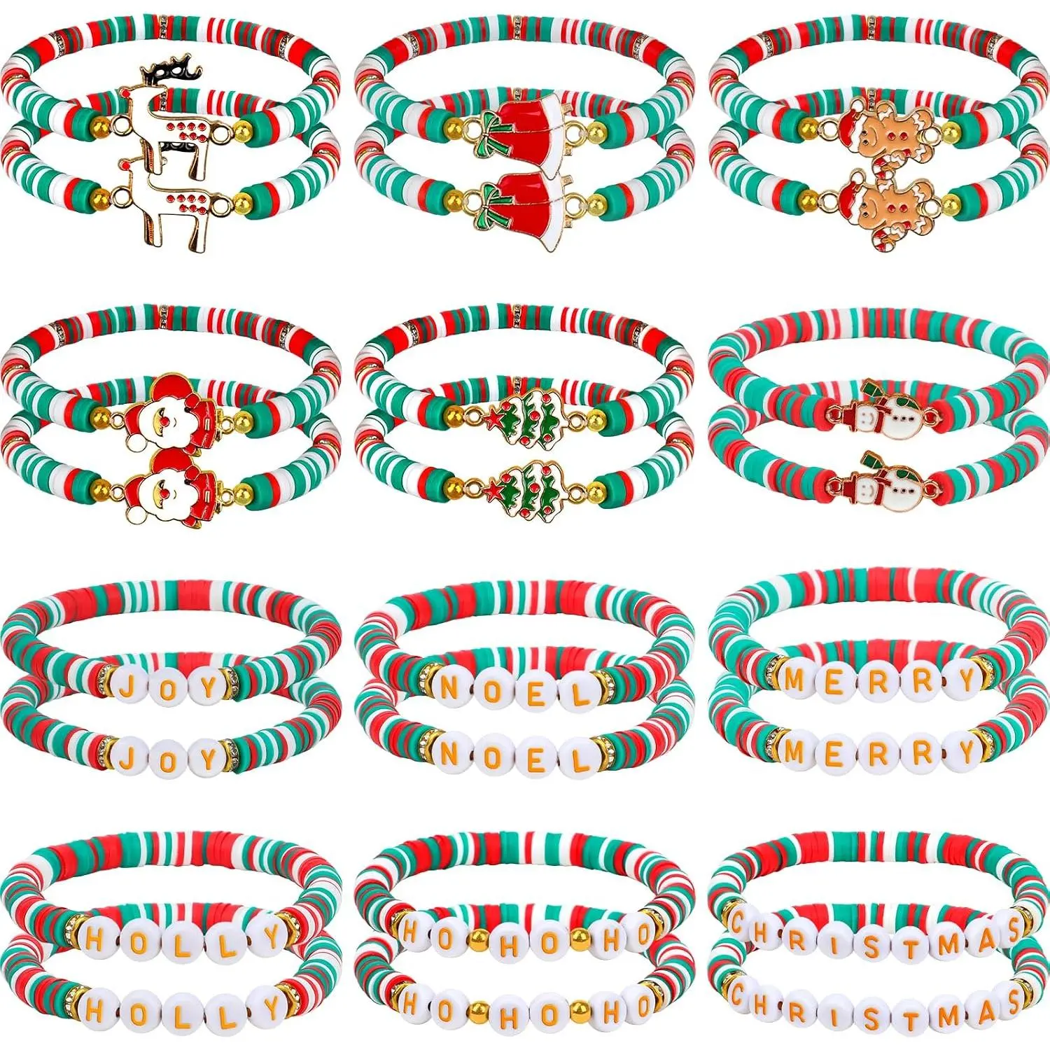 24/36/48 Pcs Christmas Bracelets Set for Womens, 12 Style Polymer Clay Beaded Bracelets Joy & Merry Reindeer Snowmen Gingerbread Y2K Stackable Stretch Friendship Holiday Bracelets