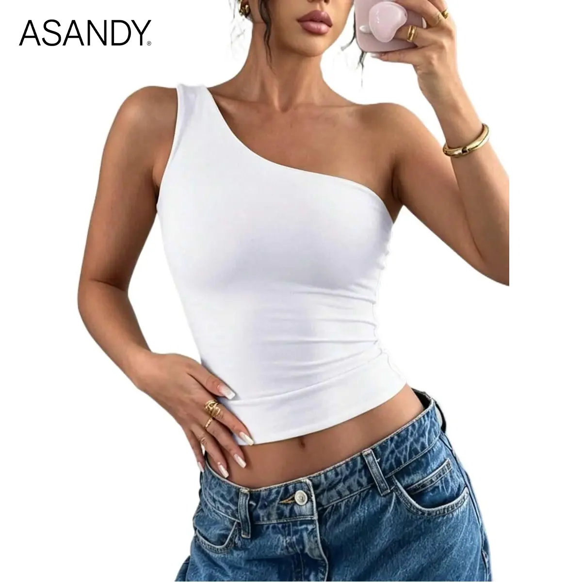 ASANDY One Shoulder Tank Tops for Women Asymmetric Sleeveless Cami Buttery Soft Slim Fit Vest Summer Going Out Clothes Streetwear Tops