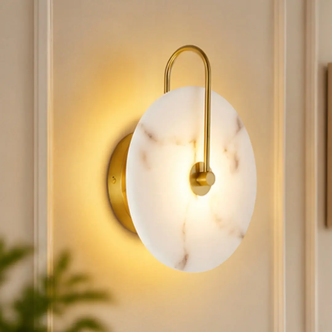 ARCH Round Alabaster Wall Sconce - Hardwired Contemporary LED Wall Lamp with 9.8in Gold Iron Mount, Natural Marble Lampshade, 5.1in Depth, 13.8in W x 37.4in D x 5.1in H, 17.8lb, Multi-size, LED Lights for Bedroom, Living Room, Soft Glow Options, 13.80In