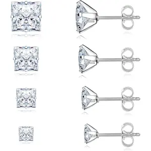 4 Pairs Stainless Steel Earrings, Square Stud Earrings for Men and Women, Hypoallergenic Silver Cubic Zirconia Earing Set Gold Studs Earings Lab-Diamond Princess Cut Jewelry Aretes De HombreGift.