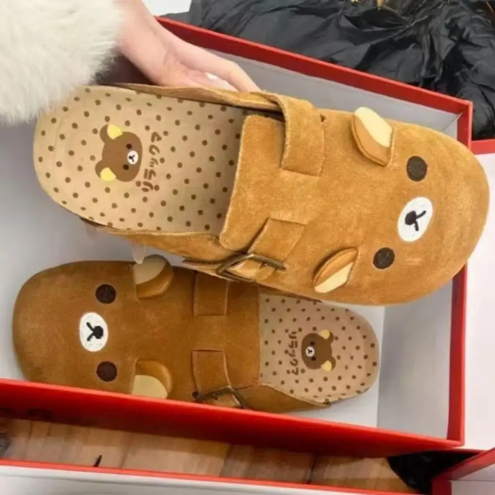 Rilakkuma Cartoon Retro Cute Thick-Bottom Height-Increase Women's Slide Shoe, Anime Periphery Stress Relief Rubber Slipper