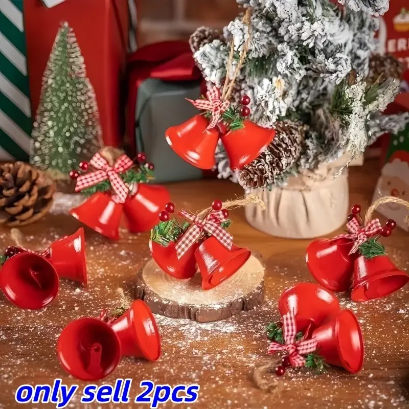 2 Piece Christmas Bells with Checkered Bow and Greenery, Durable Holiday Decor, Indoor Outdoor Hanging Ornament, Traditional Design