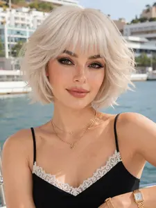 Wigs, 8inch, Light Blonde Curly Short Bob Wig with Air Bangs Heat Resistant