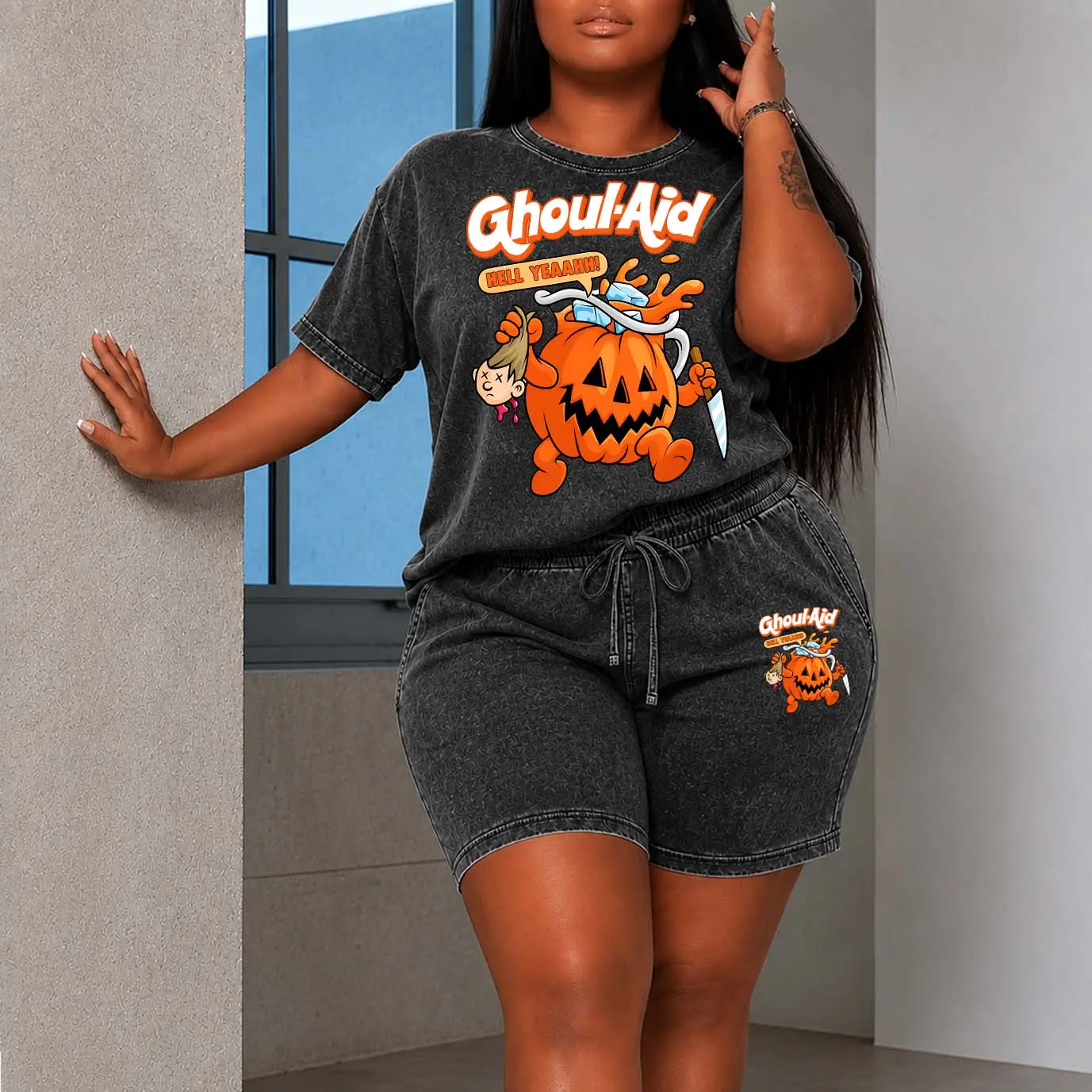 Women's Washed Cotton Shorts Two-Piece Set: A Uniquely Styled Halloween Ghost-Themed Party Outfit. Featuring Ghoul-Aid Patterns, And Pumpkin Designs. Also Suitable As Casual Summer Loungewear.