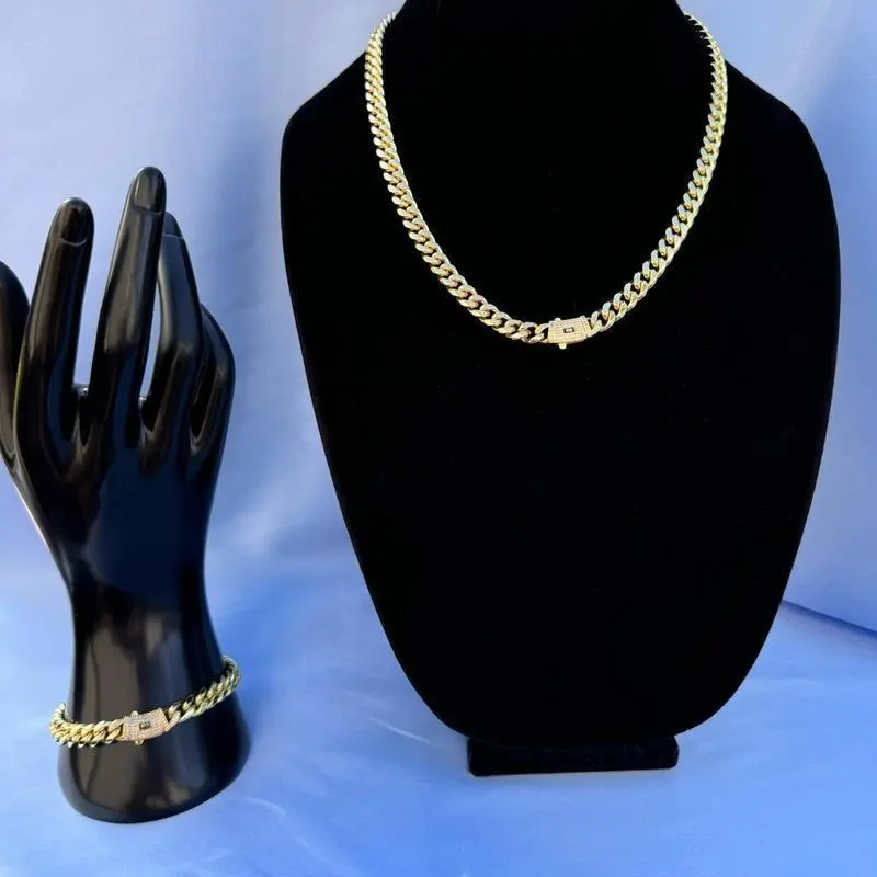 Set 2Pcs 14K Gold Vacuum Plated with 5A+ Sri Lanka Zircon Stainless Steel Chain & Copper Coffee bean bag Clasp Miami Cuban Link Chain Italy Mexico & Micro Inspired Unisex Hip Hop 6mm Necklace&Bracelet for Men & Women Jewelry,Daily,Fashion,G