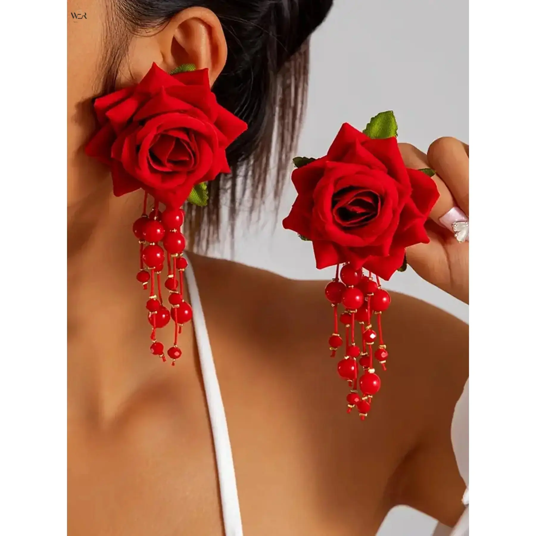 Women's Bold Roses Drop Earrings with Long Bead Tassels, Fashion Elegant Casual Alloy Jewelry, Lightweight Alloy Chain for Wedding & Special Events