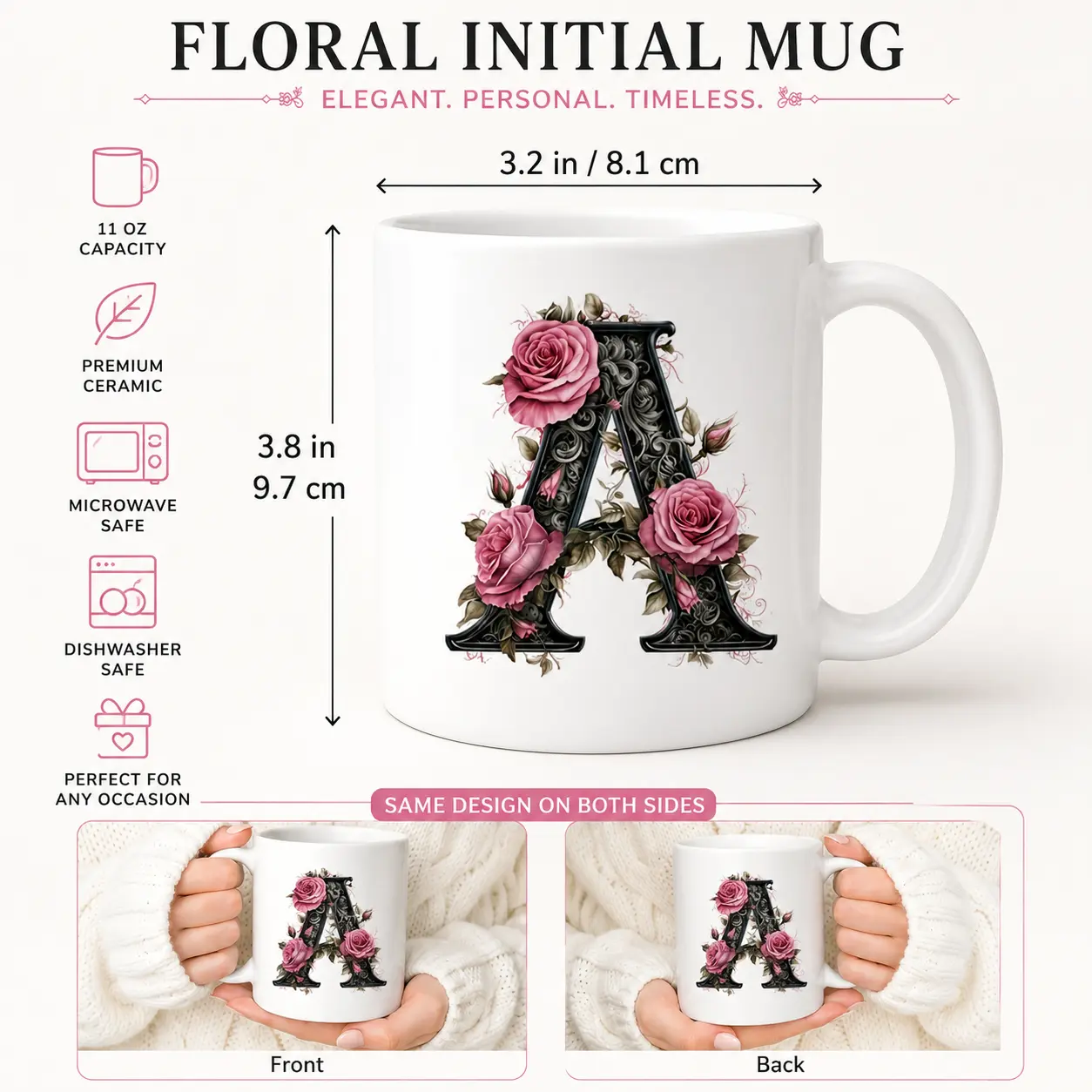 Personalized Floral Initial Mug 11oz, Monogram Letter A-Z Ceramic Coffee Cup with Pink Rose Design, Custom Alphabet Mug for Women Mom Sister, Double Sided Print, Dishwasher & Microwave Safe Gift for Birthday Mother’s Day
