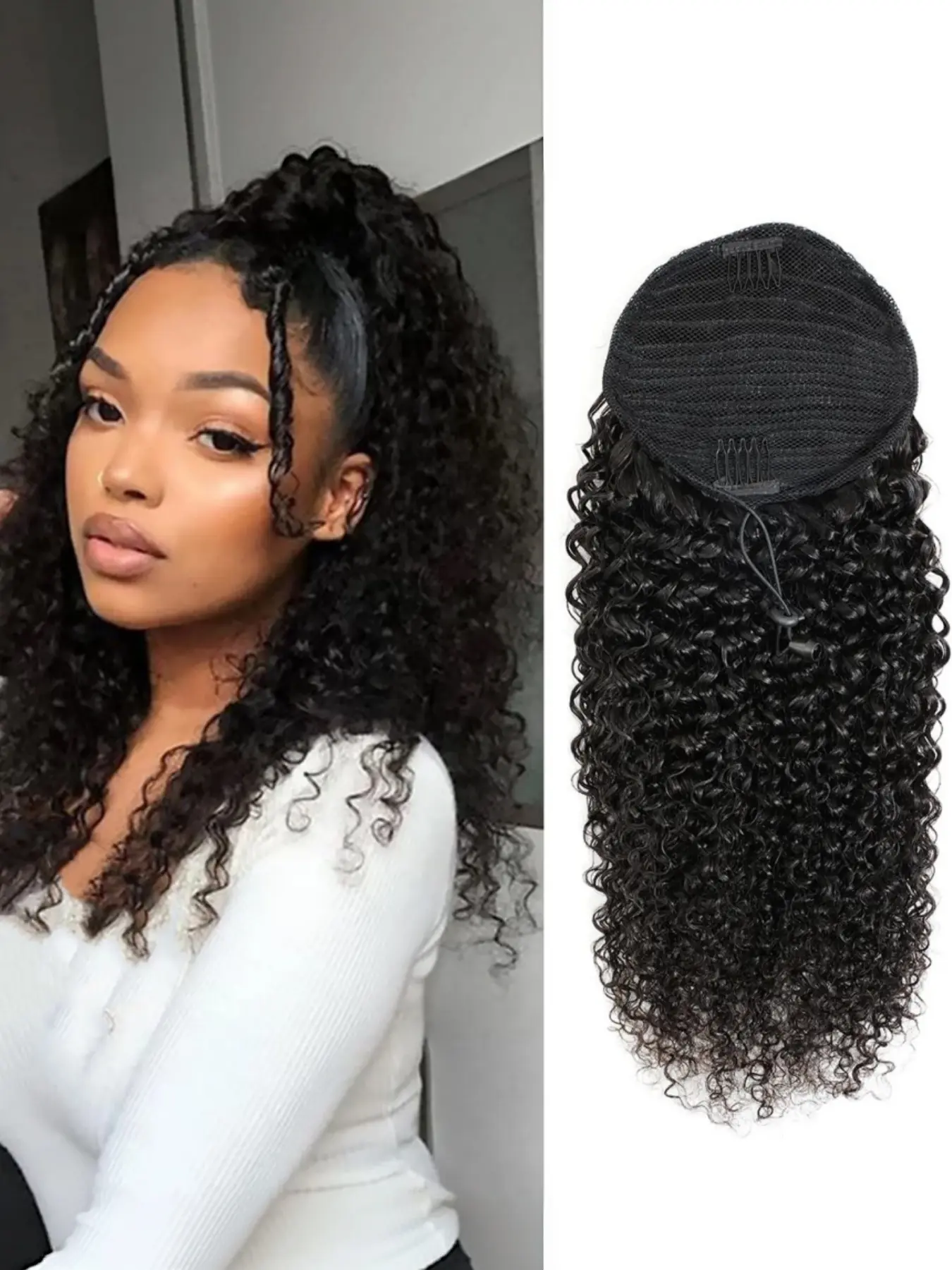 Curly Human Hair Ponytail with Drawstring Extension, 3C Kinky Curly Hair Clip In, Natural Color, Silky Soft, 22-24 Inch