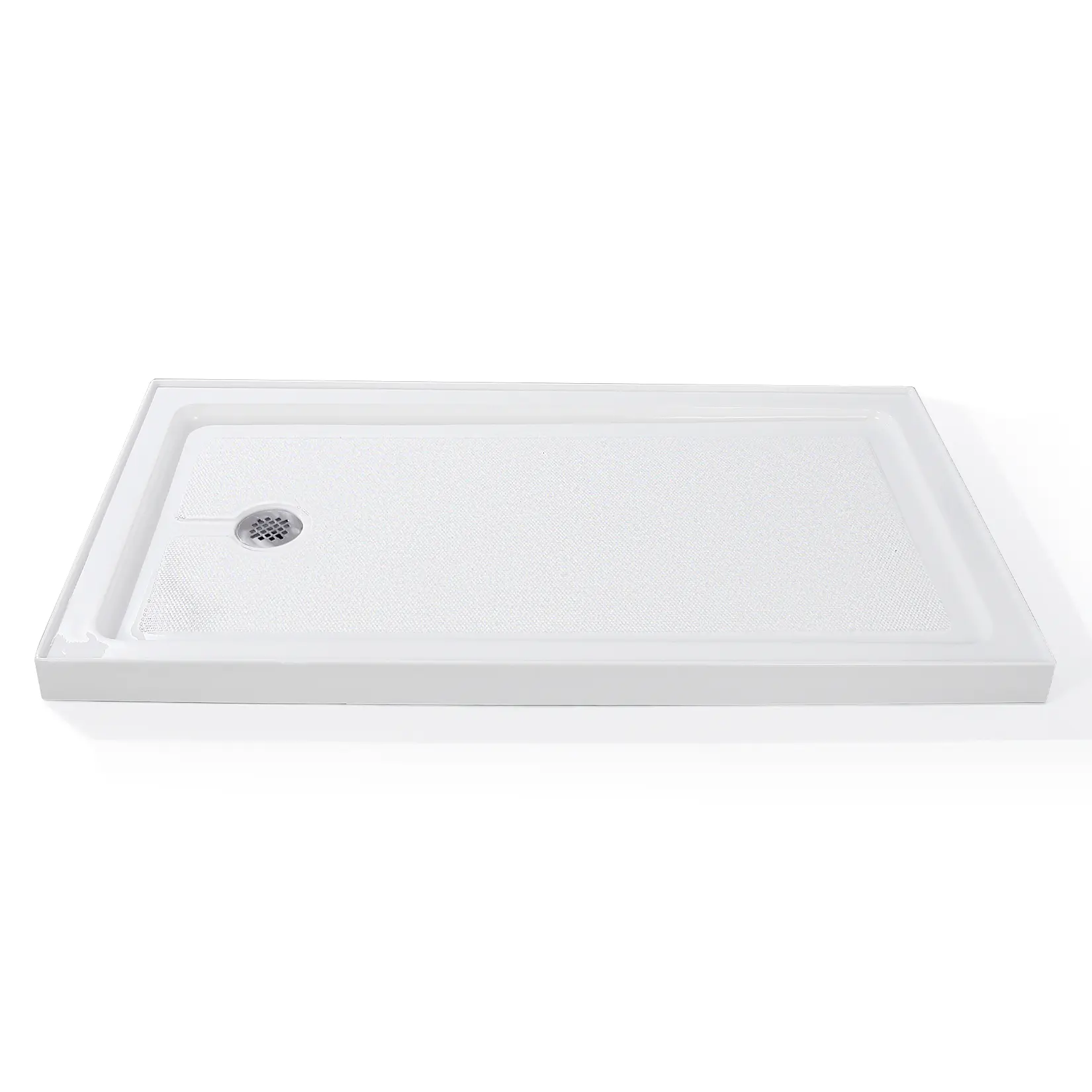 60x32 Inches Non-Slip Textured Shower Base Pan, Durable Sturdy Shower Tray with Stainless Steel Center / Left / Right Drain, Ideal for Bathroom Renovation