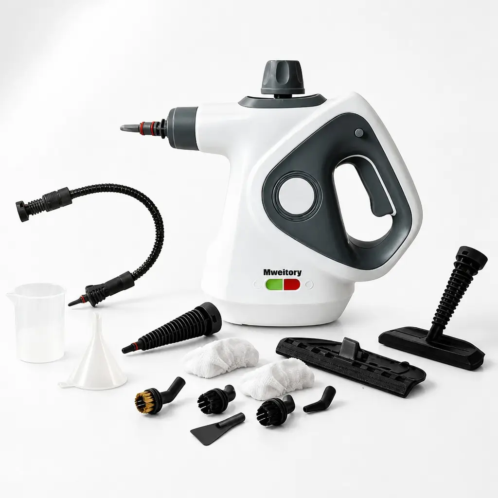 Handheld pressurized steam cleaner with 13 accessories, a steam cleaner for home cleaning, used for cleaning cars, furniture, floors, kitchen grease, cushions, tile gaps, and tiles.