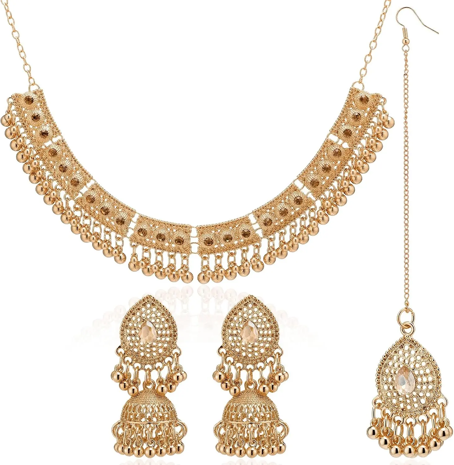 3 Pcs Indian Jewelry Set for Women Navratri Maang Tikka Headpiece Traditional Indian Head Jewelry Rhinestone Forehead Chain Necklace Earrings for Wedding Garba Party Gifts