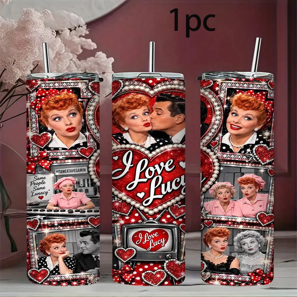 1pc 17oz/20oz/21oz/30oz/32oz/40oz stainless steel tumbler Drinkware, I Love Lucy vintage TV show themed print, heart‑shaped photo frame and classic character patterns, retro gorgeous style, practical for daily use, great gift.