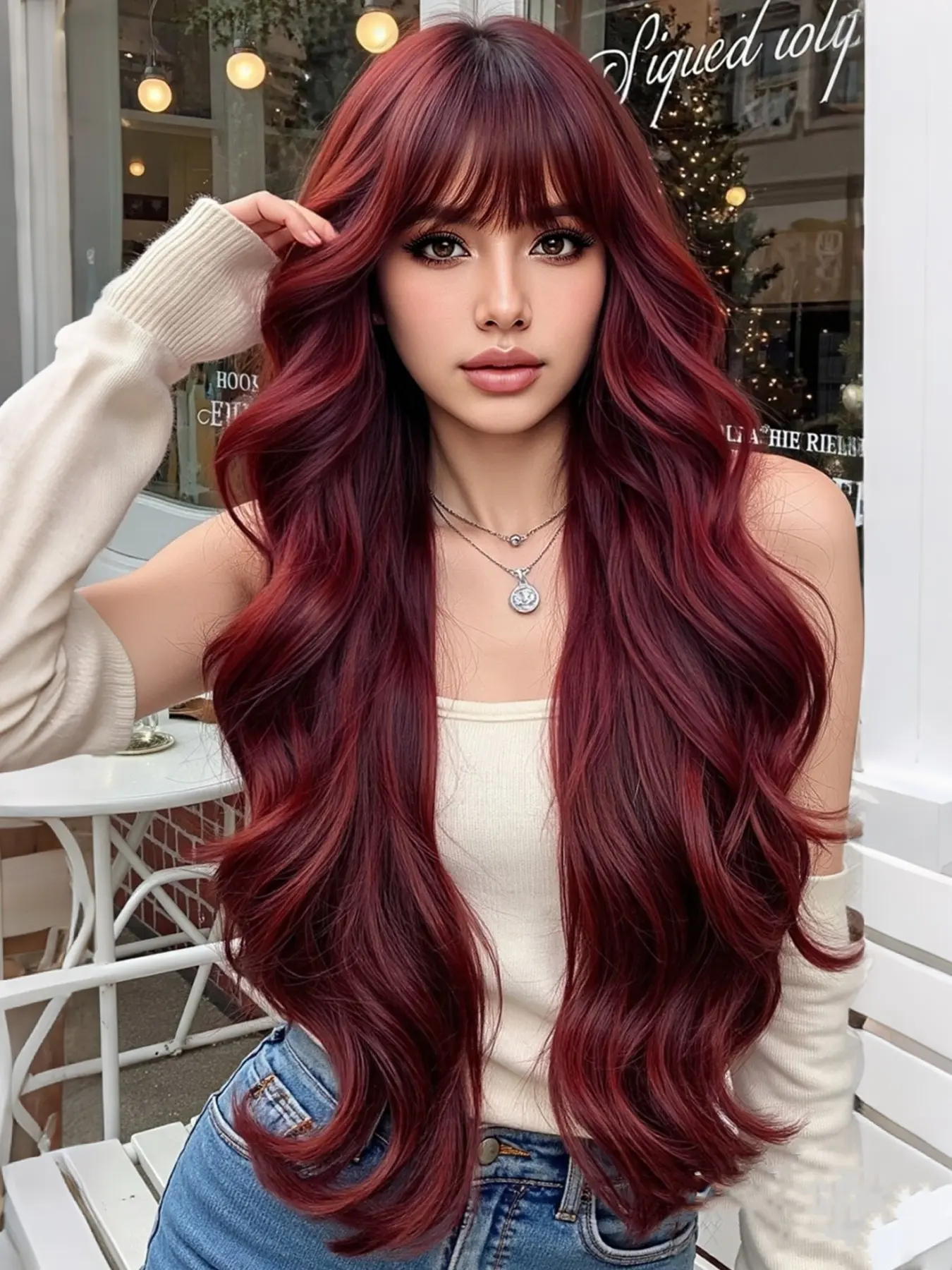 Burgundy Long Wavy Wig with Bangs, Wine Synthetic Hair Wig for Women, Perfect for Cosplay and Daily Use, Stylish and Versatile