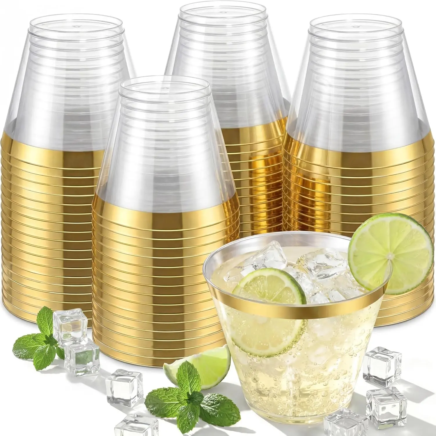 50PCS Gold Durable Plastic Cups, 9 oz Elegant Clear Plastic Drink Cups, Gold Rimmed Wine Glasses, Fancy Party Cup, Wedding Cup, Sturdy & Food Safe Plastic Cups, Stemless Wine Glasses for Wedding Graduation Birthday Wine Cocktail Punch, Perfect for Party