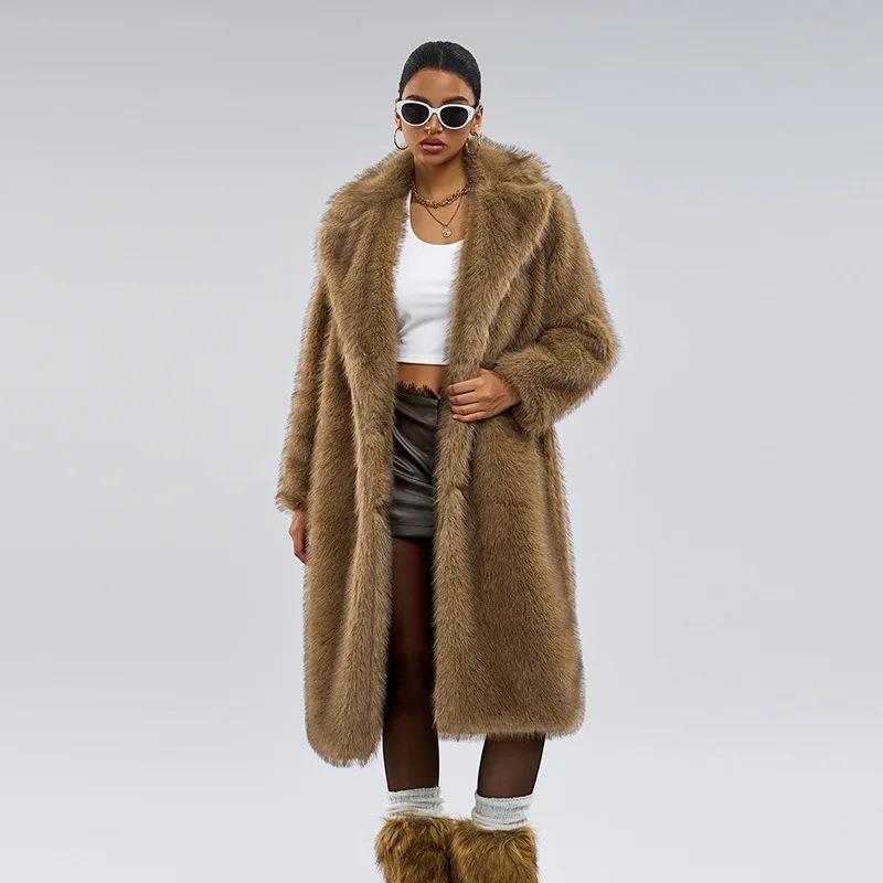 European And American Style Autumn Winter Women's Long Faux Fur Coat With Blazer Collar Faux Fur Jacket Outerwear Womenswear1123