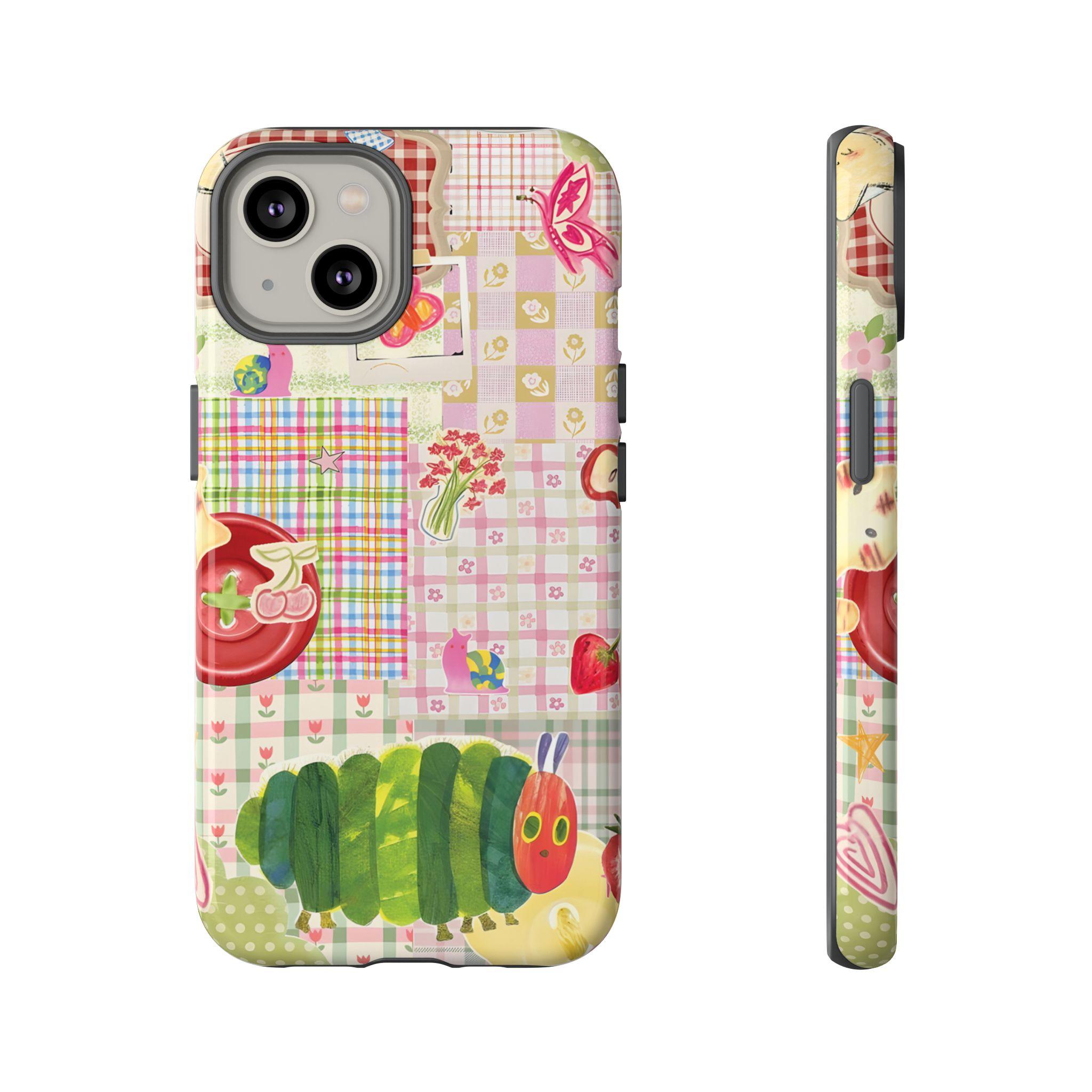 Whimsical Patchwork Phone Case with The Very Hungry Caterpillar, Fruit, and Floral Sticker Design for suitable for Samsung Galaxy 23 24 25 5G iPhone 17 ProMax Air 16 plus cases  15 pro max 14, 13, 12 with screen protector |   Beautiful phone case