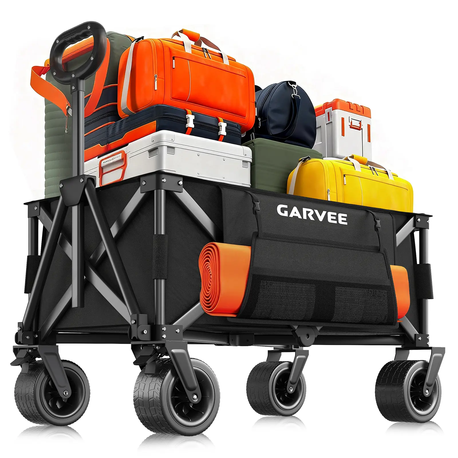 Heavy Duty Collapsible Garden Wagon Cart – 300L/200L Large Capacity (Up to 460lbs), 8" All-Terrain Wheels, 600D Oxford Fabric, Removable Cover, Cooler Bag, Cup Holders, Side Pockets – Ideal for Camping, Beach, Shopping, Festivals