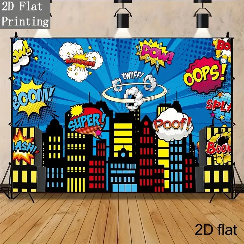 2D flat 1pc blue background pop style superhero explosion sound effect letters urban high-rise building ray shading printed Superman hero theme birthday party photo backdrop, Party Decor, polyester material