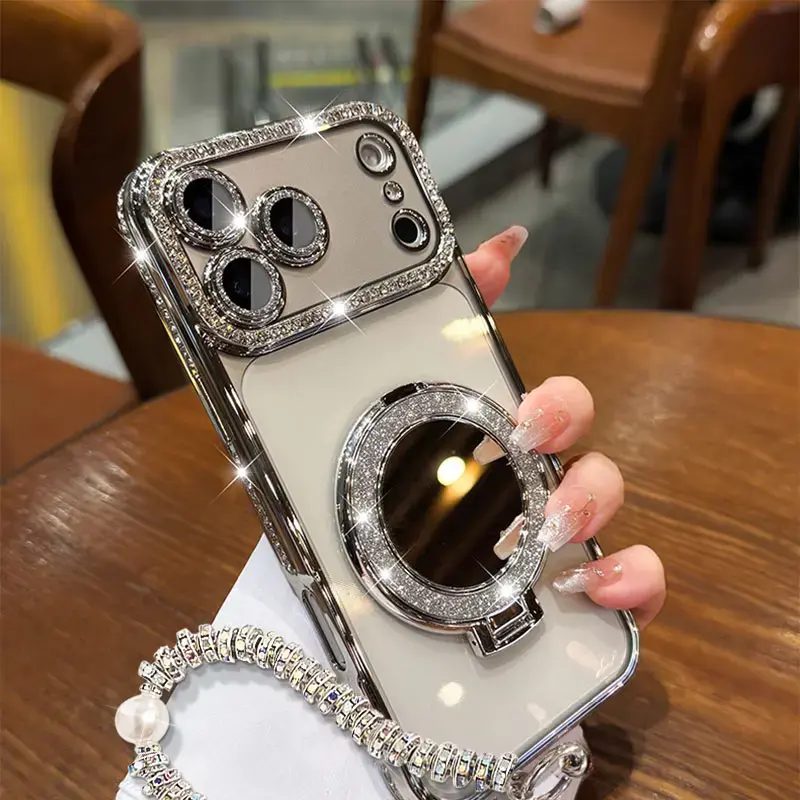 Techvibes Mirror & Stand Cellphone Case with Stand + Bracelet for iPhone 12-17 Pro Max, 17 Air, 14 Plus, 15-16 Plus, IP 13Pro - Shockproof, Shiny Frame, Transparent HD Material, Full Body Drop-Resistant Phone Accessories Protector