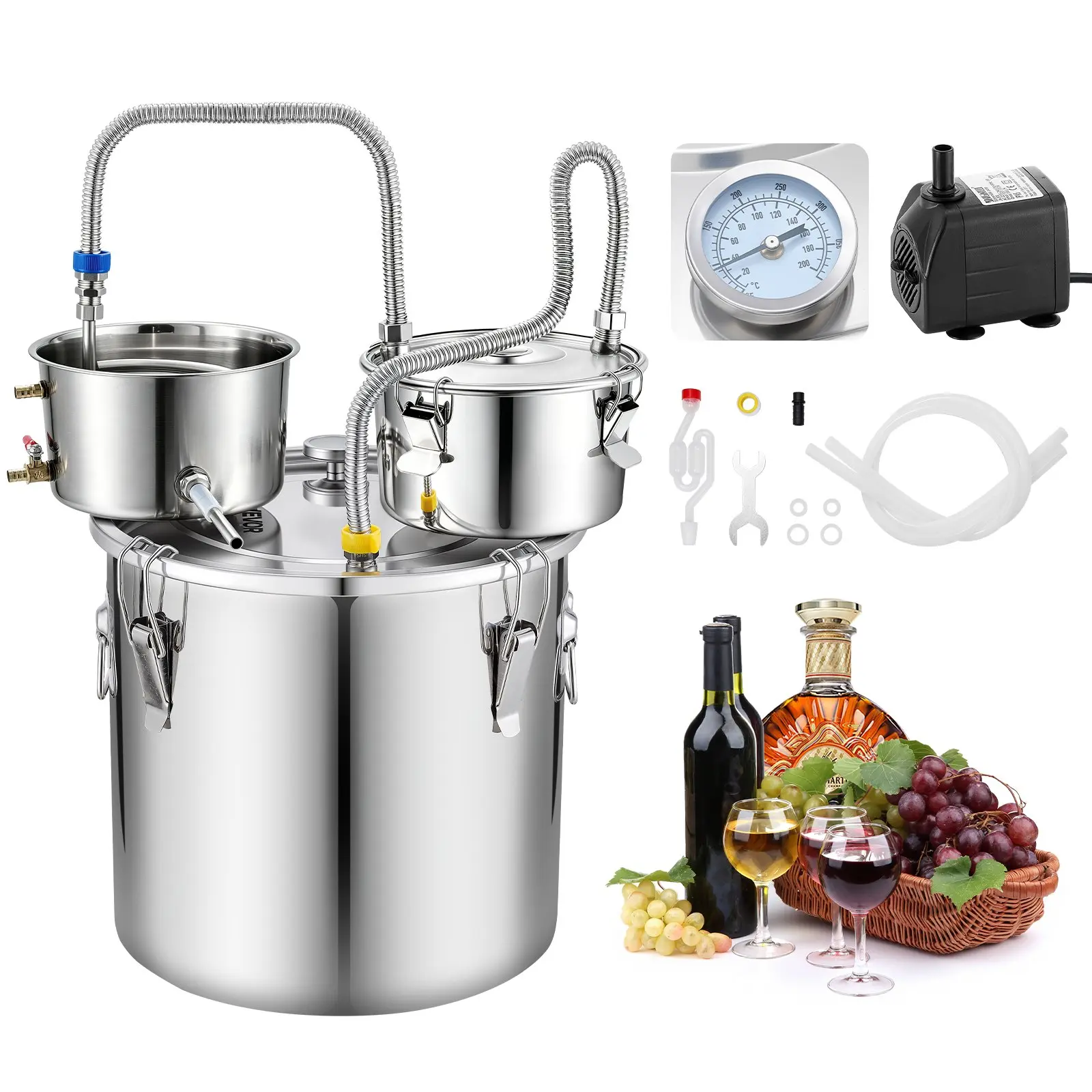 VEVOR Sturdy Stainless Steel 8 Gal/30L Alcohol Still Distiller Kit, with Thumper Keg, Dual-Scale Thermometer, Water Pump, DIY-Friendly Home Brewing Equipment for Whiskey Wine (for Home Brewers)