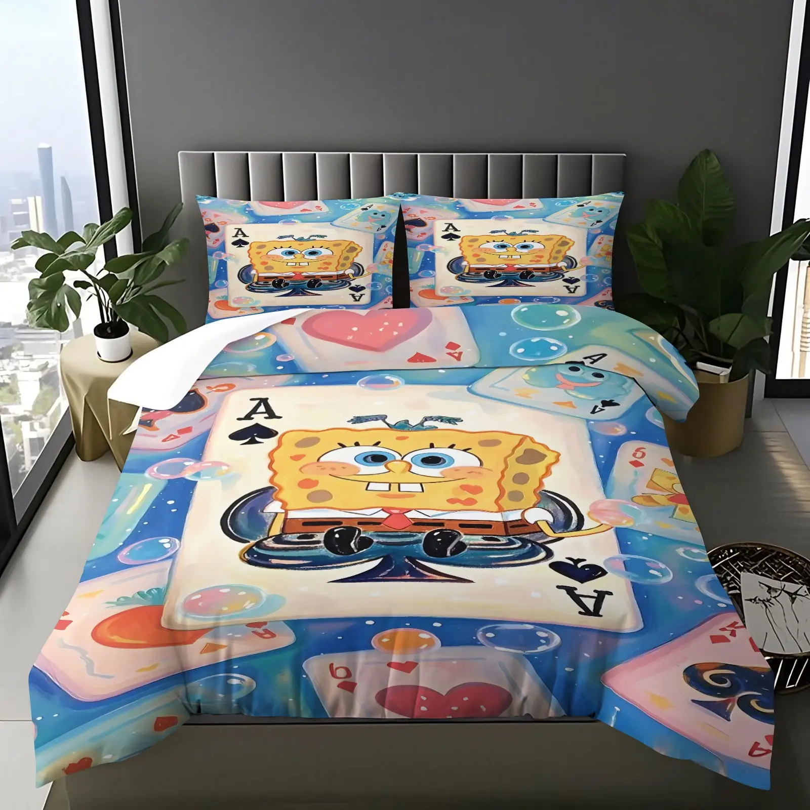 Watercolor Playful Dreamy Cartoon Print Duvet Cover Set, 1 Duvet Cover & 1/2 Pillowcases, Breathable Cozy Kids Bedding, Ideal Gift
