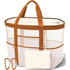 2026 Stylish & Spacious XX-Large Beach Bag for Women – Mesh × Canvas Tote with Top Zipper, 11 Tall Pockets | 40L+ Spacious(Gift)