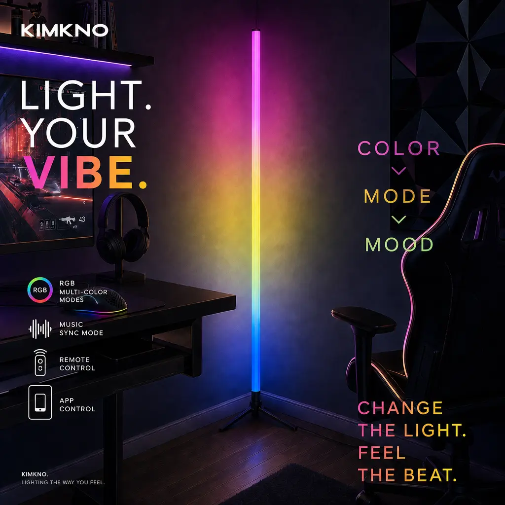 KIMKNO RGB Gaming Light Bar - USB-Powered LED Corner Stand Lamp with Remote Control, 16M Colors, Music Sync, Dimmable RGBIC Controller, Dual Setting, Timer, Ambient Glow for PC Gaming Setup, Gamer Stuff, Indoor Use Valentine's Day Gift