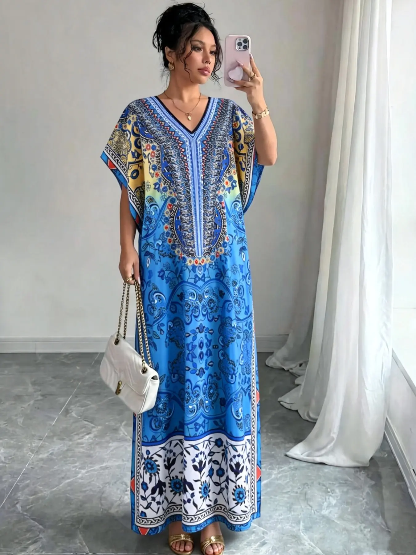 Women's Casual Boho Chic V-Neck Batwing Sleeve Long Dress, Loose Fit Floral Print Split Hem, Perfect for Daily Wear and Beach Vacation